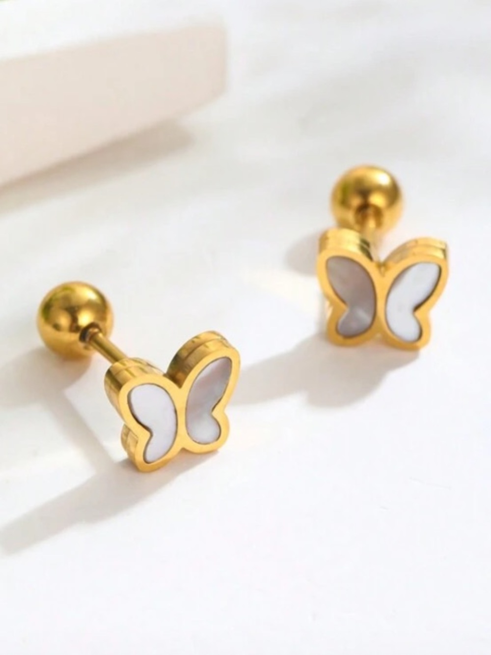 Stainless Steel Plated 18k Gold Butterfly Stud Earrings/ White Inlay